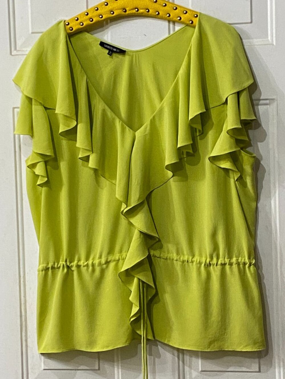 Lafayette 148 Silk Sz 18 XL Blouse Ruffle V-Neck Flutter Sleeve Drawstring Lime
